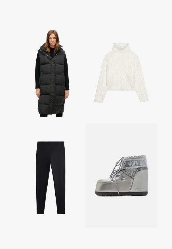 Zwarte puffer gilet met capuchon, voorzien van een ruitpatroon, ritssluiting aan de voorkant en zijzakken. Lang ontwerp, gladde textuur en geen zichtbare hardware.; Witte kabelgebreide coltrui met een cropped silhouet, voorzien van geribbelde manchetten en zoom. Zachte textuur met een gezellige, stevige uitstraling.; Zwarte leggings van gladde, rekbare stof. Voorzien van een brede tailleband en een taps toelopend pootdesign, geschikt voor actieve of casual kleding.; Zilveren waterdichte boot met een afgeronde vorm, een gestructureerde afwerking en grijze veters. Kenmerkt zich door een opvallend "MOON BOOT" logo op het bovenste deel.
