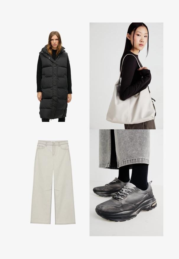 Czarna kamizelka puchowa z kapturem, z wzorem diamentowego pikowania, zapinana na zamek z przodu i z bocznymi kieszeniami. Długa długość, gładka tekstura i brak widocznego metalowego wykończenia.; Szary skrócony sweter wykonany z miękkiego materiału, z dekoltem na ramionach, długimi rękawami ballon i prążkowanym wykończeniem.; Jasnoszare spodnie szerokie w nogawkach z pięcioma kieszeniami, zapinane na guzik z przodu, z kontrastującymi szwami. Materiał wydaje się miękki i trwały.; Czarno-szare buty sportowe mają siatkową cholewkę, grube podeszwy i sznurowadła. Mają zaokrąglony nosek i widoczną poduszkę amortyzującą.; Beżowa torebka wykonana z miękkiego materiału, charakteryzująca się luźnym fasonem, wyszywanymi detalami i dwoma uchwytami na ramię. Idealna na co dzień.