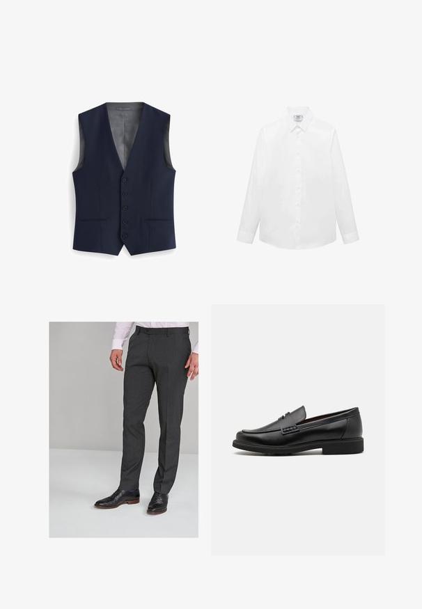 Marine vest med v-halsdesign, der har seks knapper, to forreste lommer og en glat indvendig foering. Skræddersyet pasform, uden ærmer.; Hvid langærmet skjorte lavet af glat stof, med klassisk krave, knaplukning foran og buet kant. Minimalistisk design uden mønstre.; Grå skræddersyede bukser med en glat tekstur, der har flad front og bæltesløjfer, parret med sorte habit sko.; Sorte syntetiske loafers med en fremtrædende syet front, polstret indersål og flad gummiydersål; slankt design med minimal detaljer.