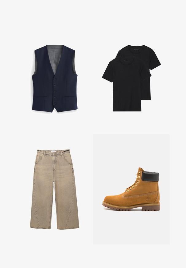 Gilet blu con scollatura a V, dotato di sei bottoni, due tasche frontali e una fodera interna liscia. Vestibilità su misura, senza maniche.; Due magliette nere di cotone a maniche corte, con scollatura rotonda e una texture liscia, esposte impilate insieme.; PULL&BEAR MEGA BAGGY - Jeans baggy - light grey; Stivale alla caviglia in suede tan con collare imbottito nero, occhielli in metallo dorato, dettagli in cucitura bianca e suola in gomma robusta con battistrada pronunciato.