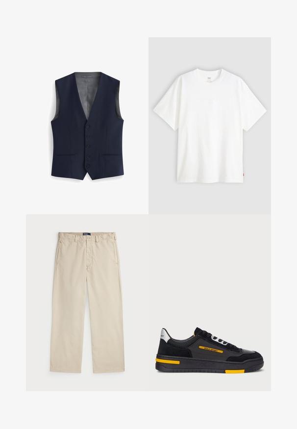 Marine vest met een V-hals ontwerp, voorzien van zes knopen, twee voorkanten zakken en een gladde binnenvoering. Slank gesneden, zonder mouwen.; Witte pique t-shirt met korte mouwen van katoen en een ronde hals. Heeft een subtiele reliëf logo-detail aan de voorkant en een rood label aan de zoom.; Beige katoenen chinos met een recht gesneden ontwerp, voorzien van een knoopsluiting en twee voorzakken. Glad textuur en effen kleur.; Zwarte sneakers met een bovenwerk van suède en mesh, gele accenten en een dikke zwarte zool. Vetersluiting en "POLO SPORT" branding op de zijkant.