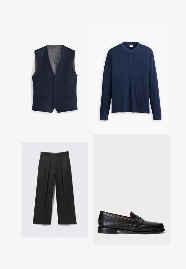 Jūras spēku veste ar V veida kaklu, ar sešām pogām, divām priekšējām kabatām un gludu iekšējo oderi. Dekorēta piegriezuma, bez piedurknēm.; Ilgi piedurknes tumši zilā henley krekls, izgatavots no ribotas auduma. Iezīmē apaļu kakla izgriezumu un trīs pogu aizdari. Piedurkņu gali ir pieguļoši.; Melnas platās bikses ar gludu tekstūru, ar divām priekšējām kabatām un nedaudz paaugstinātu vidukli.; Melnas ādas loafers ar noapaļotu purngalu, šuvju apdari un dekoratīvu joslu priekšā. Plakana zole ar minimālu profilu.