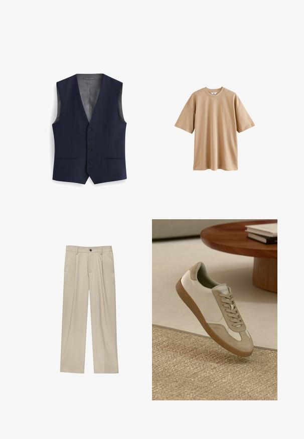 Námornícky vest s dizajnom do V, ktorý má šesť gombíkov, dve predné vrecká a hladkú vnútornú podšívku. Prispôsobený strih, bez rukávov.; Kratký rukáv béžové tričko z bavlny s okrúhlym výstrihom a voľným strihom, s hladkou textúrou a bez vzorov alebo akcentov.; Béžové nohavice s rovný strihom, s jedným čiernym gombíkom, pútkami na opasok a bočnými vreckami. Hladká textúra látky a minimálny dizajn.; Ľahké tenisky s bielou koženou vrchnou časťou a béžovými semišovými akcentmi, okrúhlou špičkou a textúrovanou hnedou gumovou podrážkou.