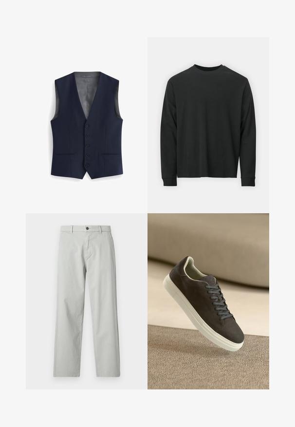 Marineblaues Weste mit V-Ausschnitt, ausgestattet mit sechs Knöpfen, zwei vorderen Taschen und einem glatten Innenfutter. Taillierte Passform, ohne Ärmel.; Langärmliges schwarzes T-Shirt aus Baumwolle, mit Rundhalsausschnitt, lockerer Passform und gerippten Bündchen. Weiche Textur ohne sichtbare Muster.; Hellgraue, gerade geschnittene Hose aus einem glatten, gewebten Stoff. Mit einem Frontknopfverschluss und seitlichen Taschen. Minimalistischer Stil.; Dunkelgraue Wildleder-Sneaker mit passenden Schnürsenkeln und weißer Gummisohle, platziert über einer strukturierten beige Oberfläche mit sanftem Hintergrund.