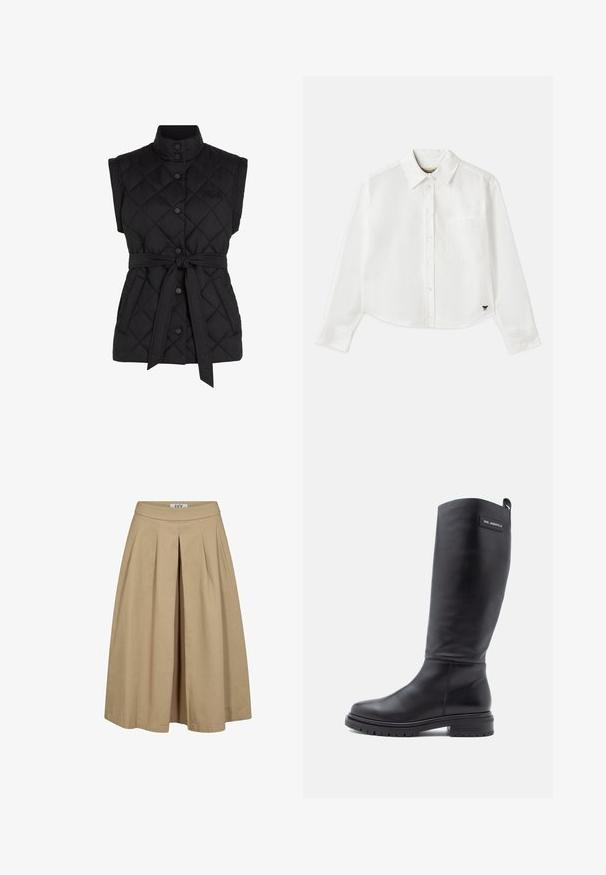 Crni, bezrukavni složeni prsluk s visokim ovratnikom, dugmićima za preklapanje, prilagodljivim remenom i bočnim džepovima. Sadrži dijamantni uzorak na tkanini.; Bijela skraćena košulja dugih rukava napravljena od pamuka. Ima gumb za zatvaranje sprijeda, džep na prsima i mali crni logotip na donjem lijevom dijelu.; AllSaints JESS TEE - Bluza - black; Bežana plisirana suknja s širokim rubom i prilagođenim strukom. Napravljena od lagane tkanine, ima suptilnu teksturu i čiste linije.; Visoka crna kožna čizma s niskim blok petom, robusnim potplatom i malom pravokutnom oznakom blizu vrha koja prikazuje naziv brenda.