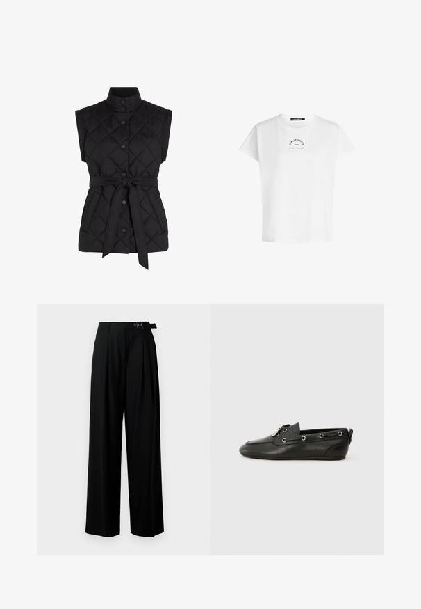 Svart, ermeløs quiltet vest med høy krage, toggleknepping, justerbart belte og sidelommer. Har diamantmønster på stoffet.; Hvit kortermet T-skjorte med rund hals, med svart tekst "KARL LAGERFELD PARIS 21 RUE ST-GUILLAUME" på brystet.; Svarte vide bukser med høy livlinje, folder foran og belte med spenne. Laget av glatt, lett materiale.; Sorte lærbådsko med rund tå, snøring foran, metaløjer og flad sål. Har en lille lap bagpå.