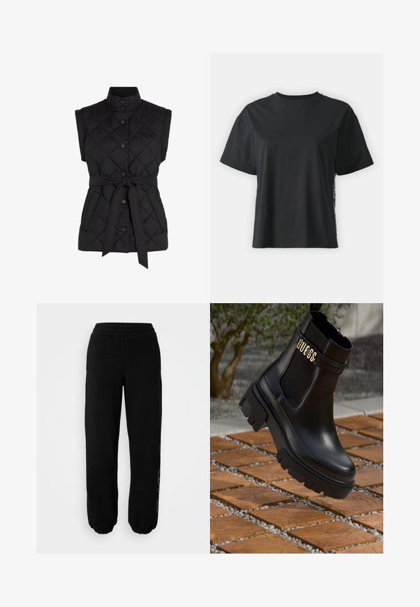 Schwarze, ärmellose gesteppte Weste mit hohem Kragen, Knöpfen zum Toggeln, verstellbarem Gürtel und seitlichen Taschen. Das Material zeigt ein Rautenmuster.; Schwarzes kurzärmliges Baumwoll-T-Shirt mit lockerer Passform und kontrastierendem Seitenpanel, das kleine Text- und Designdetails aufweist.; Schwarze Sweatpants mit elastischem Bund und Bündchen. Hergestellt aus weichem Material, das ein dezentes Designdetail am linken Bein aufweist.; Schwarze Leder-Ankle-Boots mit einer groben Gummisohle, elastischen seitlichen Einsätzen und einem goldenen Akzent mit "GUESS"-Markierung.