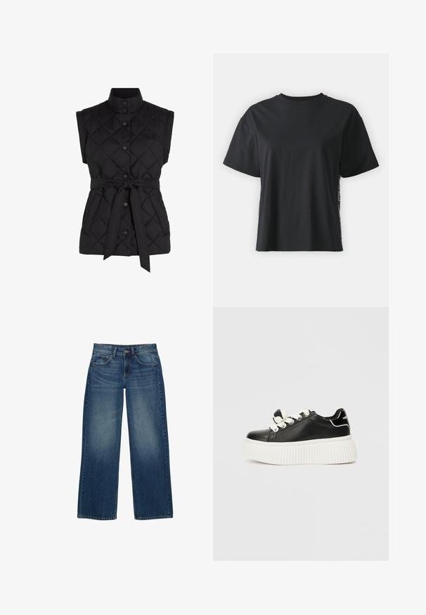 Svart, ärmlös vadderad väst med hög krage, toggleknappar, justerbart bälte och sidofickor. Har en diamantsöm på tyget.; Svart kortärmad t-shirt i bomull med avslappnad passform och kontrasterande sidopanel som har små texter och designdetaljer.; Breda blå denimjeans med en urtvättad look, femficksdesign och kontrasterande sömnad. Stängs med en knapp och dragkedja.; Svart lädersneaker med en tjock vit ribbad sula, som har vita skosnören och en dekorativ rosett på tungan.