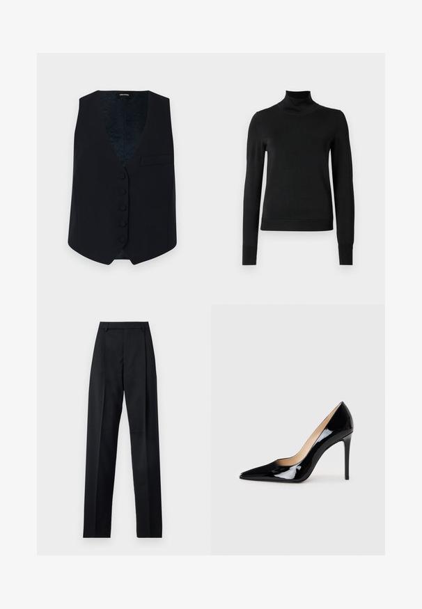 Navaliku kujundusega vest V-kaelusega, kuue esipainutusega nupu ja ühe rinnataskuga. Sile kangas ja mustriline sisevooder.; Mustmusterta mustaga pikkade varrukatega kõrge kaelusega sviiter, millel on ribakudumisega mansetid ja äär, esitatud lihtsal valgel taustal.; Mustad püksid siledast kangast, millel on kõrge vöökoht, laiad jalad, esimesed kortsud ja klassikalised vööloopid. Küljepockets pole nähtavad.; Must matte musta kõrge kontsaga king, millel on terav varvas ja sujuv siluett. Omab sileda, läikivat viimistlust ja sale stiletto konts.