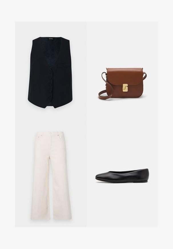 Navaliku kujundusega vest V-kaelusega, kuue esipainutusega nupu ja ühe rinnataskuga. Sile kangas ja mustriline sisevooder.; Helebeige lühike sviiter, millel on lukuga kaelus, tekstuuriga muster ning soonikuga varrukad ja äär. Kombineerib kudumise ja kootud materjalid.; Laiad, heleda bežiga teksad kõrge vöökohaga, viie taskuga ja esise nööbiga sulgemisega. Sile tekstuur, minimaalsed reie õmblused.; Paul Smith TOPANGA - Baleriinad - black; Pruunist nahast käekott, millel on klapiga sulgur, kuldne riistvara, õlarihm ja sile tekstuur. Kompaktne ristkülikukujuline vorm.