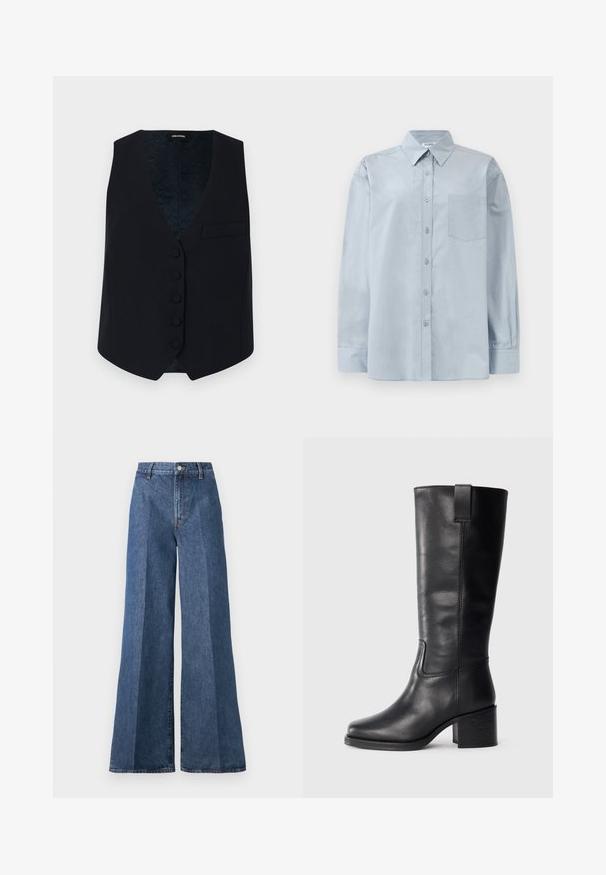 Navaliku kujundusega vest V-kaelusega, kuue esipainutusega nupu ja ühe rinnataskuga. Sile kangas ja mustriline sisevooder.; Heled sinine pikendatud varrukatega nööbiga särk terava krae ja rinnataskuga, asetatud tasasele valgele taustale.; Laiad sinised denimpüksid kõrge vöökohtusega, klassikalise viie taskuga ja nööpkinni, valmistatud tekstureeritud puuvillakangast.; Musthave mustad nahktoodete bikiinibootid, millel on sile pind, ruudukujuline varvas, plokk-kand ja külgmine tõmbeaas, minimaalse õmblusega detailid.