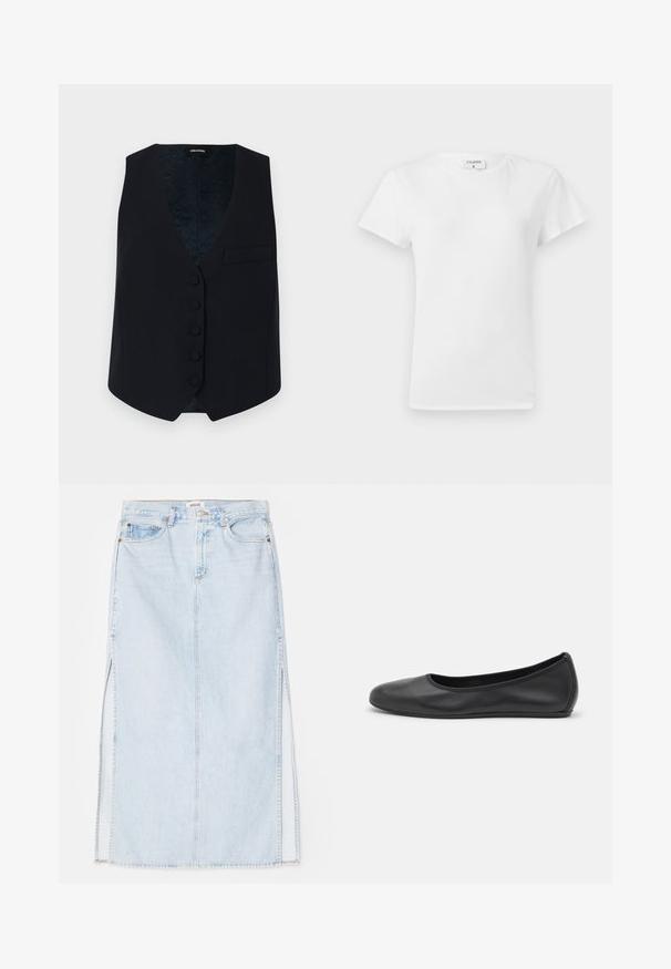 Chaleco navy a medida con escote en V, seis botones frontales y un bolsillo en el pecho. Tejido suave y forro interior con estampado.; Camiseta blanca de algodón con cuello redondo y mangas cortas, que presenta un corte relajado y un diseño minimalista. Etiqueta visible en el cuello.; Falda maxi de mezclilla azul claro con corte recto, que presenta aberturas laterales y diseño de cinco bolsillos. Costuras prominentes y cierre de botón metálico.; Bailarina de piel negra con punta redondeada, textura suave, detalle de costura minimalista y diseño de suela flexible.