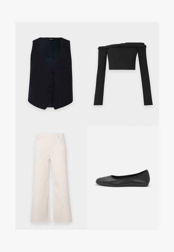 Marineblauwe op maat gemaakte vest met een V-hals, zes knopen aan de voorkant en een enkele borstzak. Glad stof en gestreepte binnenvoering.; Zwarte off-the-shoulder cropped top met lange mouwen, met een gestructureerd ontwerp en knoopdetails bij de halslijn, gemaakt van een soepele stof.; Brede, lichtbeige denim broek met een hoge taille, vijf zakken en een sluiting met een knoop aan de voorkant. Soepele textuur, minimale stikdetails.; Zwarte leren ballerina met een ronde neus, gladde textuur, minimale stikdetails en een flexibele zoolontwerp.