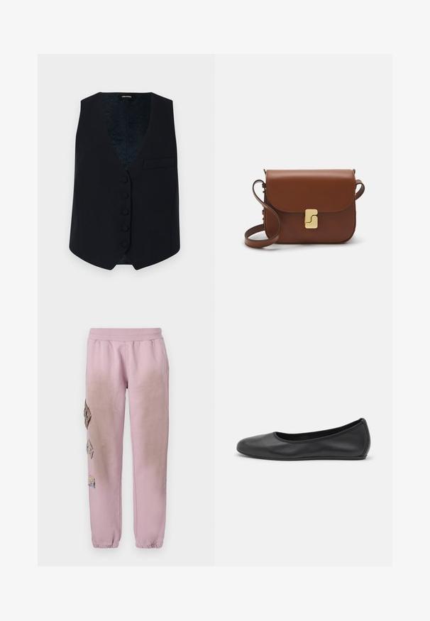 Vesta bleumarin croită, cu decolteu în V, șase nasturi frontali și un singur buzunar pe piept. Tissue neted și căptușeală interioară cu model.; Tricou alb cu mânecă scurtă, confectionat dintr-un material texturat. Gât rotund, tăietură regulară și detalii subtile de cusătură. Fără modele sau grafice.; Pantaloni de trening roz cu talie elastică, cu petice decorative în formă de diamant pe partea stângă și manșete elastice la glezne.; Balerini din piele neagră, cu vârf rotund, textură netedă, detalii de cusătură minimale și un design al tălpii flexibil.; Geantă de piele maro cu închidere tip capac, accesorii de culoare aurie, curea de umăr și o textură netedă. Formă compactă și rectangulară.