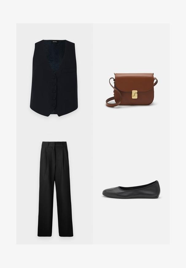 Navy-blaues, tailliertes Weste mit V-Ausschnitt, sechs vorderen Knöpfen und einer einzelnen Brusttasche. Glattes Material und gemustertes Innenfutter.; Weißes kurzärmliges T-Shirt aus geripptem Stoff. Runder Halsausschnitt, normale Passform und dezente Nähte. Keine Muster oder Grafiken.; Schwarze weit geschnittene Hose mit glatter Textur, ausgestattet mit Vorderfalten und einem hochgeschnittenen Design. Hergestellt aus einem leichten Stoff.; Schwarze Leder-Ballettschuhe mit abgerundeter Spitze, glatter Textur, minimalen Nähdetails und einem flexiblen Sohlen-Design.; Braune Ledertasche mit Klappenverschluss, Beschlägen in Goldfarbe, einem Schultergurt und einer glatten Oberfläche. Kompakte rechteckige Form.