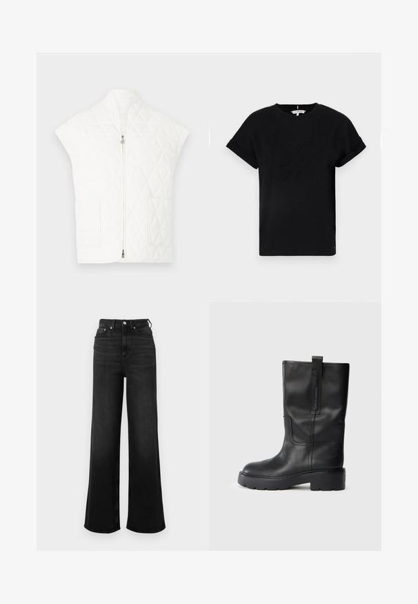 Bijela prsluk s prošivenim uzorkom s uspravnim ovratnikom, kratkim rukavima i patentnim zatvaračem sprijeda. Ima dva džepa na zakrpama. Glatka tekstura i uzorak u obliku dijamanata.; Crna pamučna majica s kratkim zavrnutim rukavima, s reljefnim logotipom u središtu i malim akcentom zastave sa strane.; Crne traperice širokih nogavica s visokim strukom, s pet džepova i detaljima od metalnog okova. Glatka tekstura i minimalno izblijedjenje.; Crne kožne čizmice do koljena s elegantnim dizajnom, sa debelim potplatom i bočnom oznakom za lako obuvanje. Istaknuti detalji šivanja.