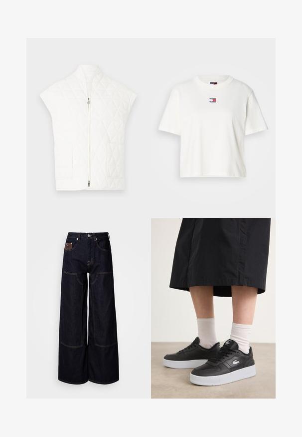 Bijela prsluk s prošivenim uzorkom s uspravnim ovratnikom, kratkim rukavima i patentnim zatvaračem sprijeda. Ima dva džepa na zakrpama. Glatka tekstura i uzorak u obliku dijamanata.; Bijela pamučna majica s okruglim izrezom i kratkim rukavima. Na prsima se nalazi mala perjanica s bojama crvene, plave i bijele.; Tamnoplave široke traper hlače s kontrastnim šavovima, pet džepova i kopčanjem na gumb u struku.; Crne kožne tenisice s bijelim gumeniranim potplatom, s logom sa strane, okruglim vrhom i crnim vezicama. Nosi se s bijelim čarapama.