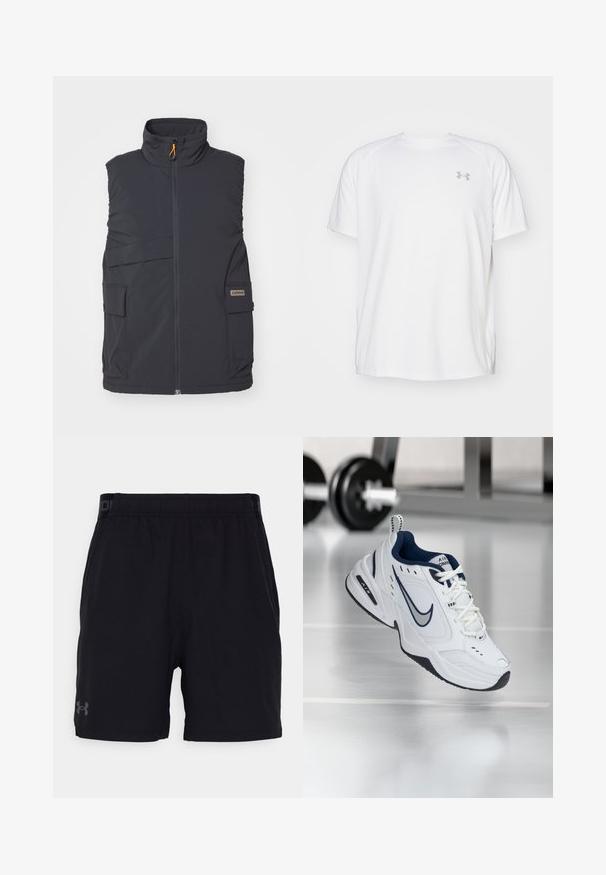 Tmavošedá bezrukávová vesta s vysokým golierom, predným zipsom a viacerými vonkajšími vreckami. Má subtílnu nášivku s logom a hladkú textúru.; Biele atletické tričko s krátkym rukávom vyrobené z hladkej tkaniny. Má okrúhly výstrih a šedé logo na ľavej hrudi, so štrbinami po stranách na leme.; Čierne športové šortky s elastickým pásom, s jemným logom v šedej farbe na ľavom stehne. Hladká tkanina, dizajn po kolená.; Biele atletické tenisky s námornícko modrým akcentom, zvršok z textilu a kože, spevnený špic a čierna gumová podrážka. Obsahujú charakteristické logo Nike.