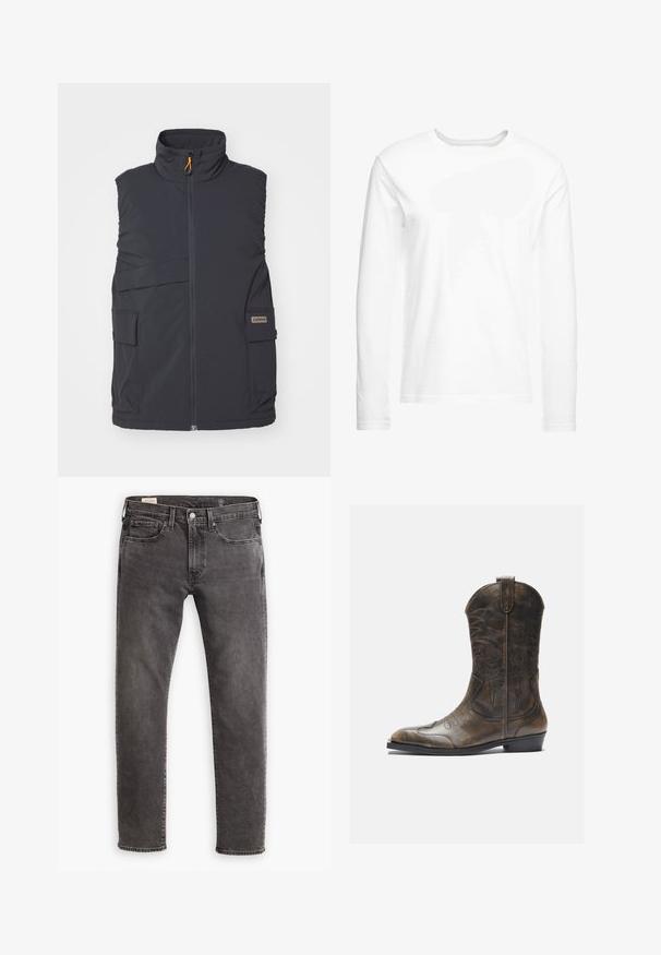 Gilet senza maniche grigio scuro con colletto alto, zip frontale e numerose tasche esterne. Presenta una sottile patch del logo e una texture liscia.; T-shirt bianca a maniche lunghe realizzata in morbido cotone. Collo a girocollo con orli dritti e senza motivi o grafiche visibili.; Jeans in denim grigio con taglio dritto, design a cinque tasche e chiusura con bottone. Presentano un leggero scolorimento e cuciture tonali su tutta la superficie.; Stivale da cowboy in pelle marrone con gambale alto, punta affusolata, motivi di cucitura intricati e tacco basso. Finitura testurizzata in tutto lo stivale.
