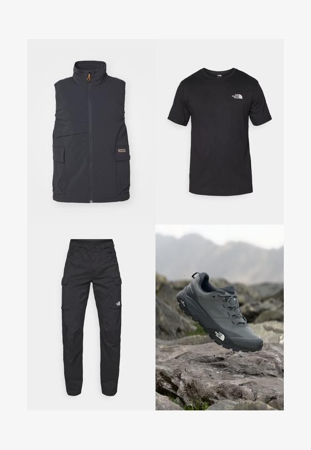 Dunkelgraue ärmellose Weste mit hohem Kragen, Frontreißverschluss und mehreren externen Taschen. Verfügt über ein dezentes Logo-Patch und eine glatte Textur.; Schwarzes T-Shirt mit kurzen Ärmeln aus Baumwolle, mit einem runden Ausschnitt und einem kleinen weißen Logo auf der oberen linken Brust.; The North Face EXPLORATION PANTS - Cargohose - black; Grau Trailrunning-Schuh mit einer strukturierten Oberseite, haltbarer Gummisohle und verstärkter Zehenkappe. Verfügt über Schnürsenkel und ein Markenlogo an der Seite.