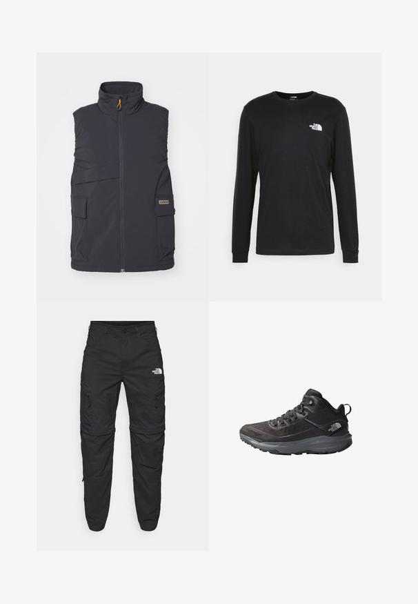 Ciemnoszary, bezrękawnik z wysokim kołnierzem, przednim zamkiem i wieloma zewnętrznymi kieszeniami. Posiada dyskretną łatkę z logo oraz gładką teksturę.; Czarny longsleeve t-shirt wykonany z bawełny, z białym logo na lewej piersi i ściągaczami przy nadgarstkach. Gładka faktura z okrągłym dekoltem.; The North Face EXPLORATION czarny; Czarne buty trekkingowe z fakturowaną cholewką, wzmocnionym noskiem i szarym outsolem. Charakteryzują się sznurowanym zapięciem i wyściełanym kołnierzem wokół kostki.