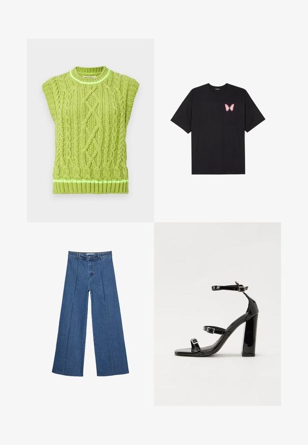 Gestrickter ärmelloser Pullover in leuchtendem Grün, mit einem strukturierten Zopfmuster und einem gerippten Saum mit reflektierendem Akzent. Rundhalsausschnitt.; Schwarzes Baumwoll-T-Shirt mit kurzen Ärmeln, das ein kleines pinkes Schmetterlingsmotiv auf der linken Brust zeigt. Crewneck-Design mit einem entspannten Schnitt.; Weite Jeans aus Denim in Mittelblau, mit hoher Taille, Knopfverschluss und kontrastierenden vertikalen Nahtdetails an der Vorderseite.; Schwarze patentierte Sandalen mit Absatz, quadratischer Spitze, Knöchelriemen und silbernen Schnallen. Mit einem stabilen Blockabsatz für mehr Stabilität.