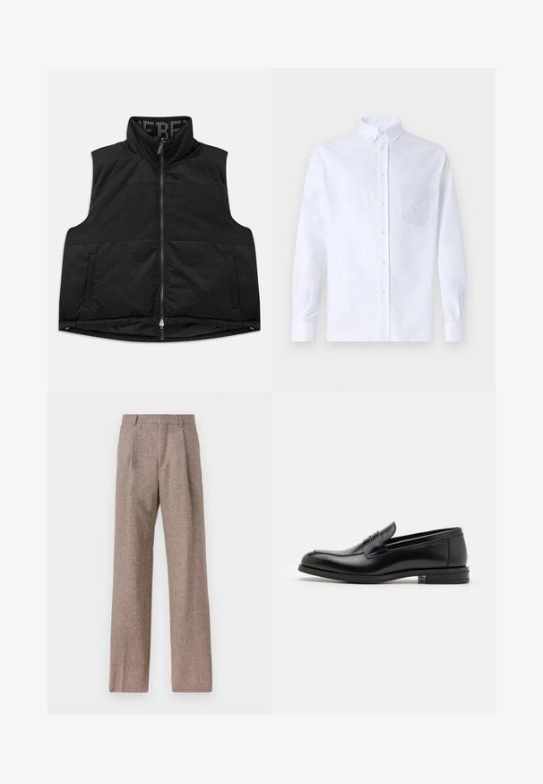 Črna brezrokavnik iz gladkega, podložnega materiala. Ima visok ovratnik, sprednji zadrgo in dva stranska žepa. Notranjost ima vzorčeno podlogo.; Bela dolgo rukava srajca s kragnico, izdelana iz bombaža, z žepom na prsih in toniranimi vezeninami ter gumbi na manšetah.; Rjave hlače z visokim pasom, izdelane iz teksturirane tkanine. Imajo široke noge in dve sprednji pregibi za strukturo. Urejen zaključek brez vidne strojne opreme.; Črne usnjene loafer čevlje z gladko teksturo, zaobljenim nosom in dekorativnim trakom čez zgornji del. Nizka zložena peta, minimalističen dizajn.