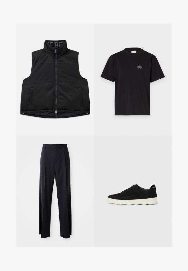 Melns bezpieka vestes, kas izgatavota no gludas, polsterētas materiāla. Tai ir augsts apkakle, priekšējais rāvējslēdzis un divas sānu kabatas. Iekšpusē ir rakstains odere.; Melna kokvilnas T-kreklu ar apaļu kaklu un īsām piedurknēm. Saturs mazu zilu logotipu kreisajā krūtī. Vienkāršs, taisns griezums.; Melnas, augstās vidukļa bikses ar platām kājām, izgatavotas no gludas auduma. Iezīmē priekšējās krokas un jostas cilpas. Minimalistisks dizains, bez redzamām detaļām.; Melnas zamšas kedas ar auklām un kontrastējošu baltu gumijas zoli. Iekļauj teksturētas sānu panēles un diskretu zīmolu uz papēža.