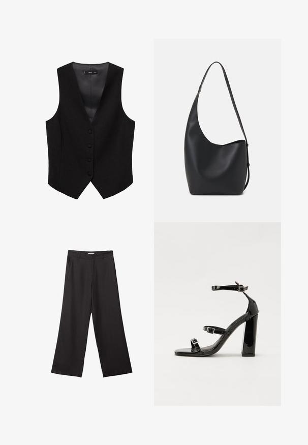Crni prsluk s V-izrezom, pet dugmadi i bez rukava. Izrađen od teksturiranog materijala s glatkom podstavljanjem.; Pura crna pamučna majica kratkih rukava s okruglim izrezom, prikazana na bijeloj pozadini.; Crne hlače širokog kroja izrađene od glatkog materijala, s prednjim patentnim zatvaračem i dva bočna džepa, s prilagođenim fitom i minimalističkim dizajnom.; Crne lakirane sandale na pete sa kvadratnim nosom, trakama oko gležnja i srebrnim kopčama. Imaju čvrst blok petu za stabilnost.; Crna kožna hobo torba s glatkom teksturom, zakrivljenim oblikom i jednom podesivom trakicom; ima širok otvor na vrhu.