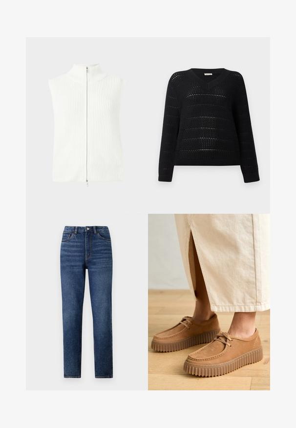 Valkoinen hihaton neulepaita, jossa on korkea kaulus ja etuvetoketju. Sijoitettu ribbitekstuuri ja suora helma. Minimalistinen muotoilu.; TOM TAILOR DENIM V NECK - Neule - deep black; Siniset korkeavyötäröiset farkut, suora lahje, hienovarainen kulutusjälki, yhdellä napilla kiinnitys ja viisi taskua.; Ruske nahkatossut, joissa on teksturoitu pinta, pyöreä varvas ja paksut, uurrettu pohjat. Nyörit ja ompelusarja korostavat designia.