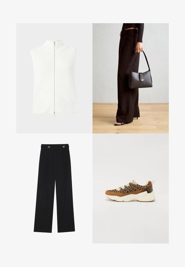 White sleeveless knit top with a high collar and front zipper. Features ribbed texture and straight hem. Minimalistic design.; White short-sleeve T-shirt made of soft cotton. Features a round neckline and relaxed fit. Clean design with no visible patterns or accents.; Black wide-leg trousers with high waist, button details on waistband, and front pleats.; Suede and synthetic sneakers with a leopard print upper, cream laces, and a chunky white sole featuring a glossy brown heel accent.; Black handbag with structured shape, smooth texture, and a metallic clasp. Paired with wide black pants and open-toe sandals on wooden floor.