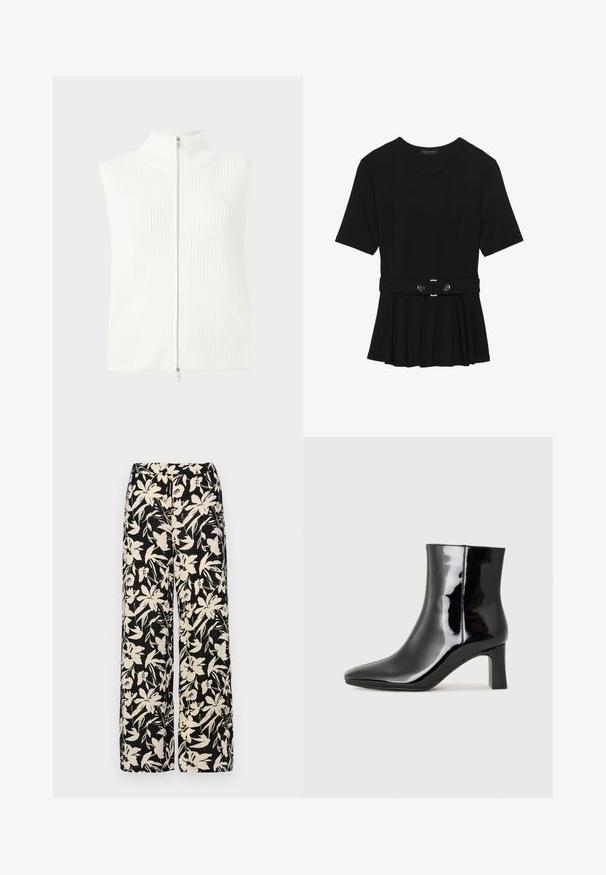 Hvite ermeløse strikketopp med høy krage og glidelås foran. Har ribbestruktur og rett nederkant. Minimalistisk design.; Svart kortermet topp laget av glatt materiale, med en peplum-design og en belted midje med to runde knapper i sølvfarge.; Sorte vide bukser med et cremet blomster mønster. Fremstillet af letvægtsstof, med en glat tekstur og en høj talje.; Sorte patentlær ankle boot med spiss tå og en mellomhøy blokkhelt. Glatt tekstur og minimalistisk design.