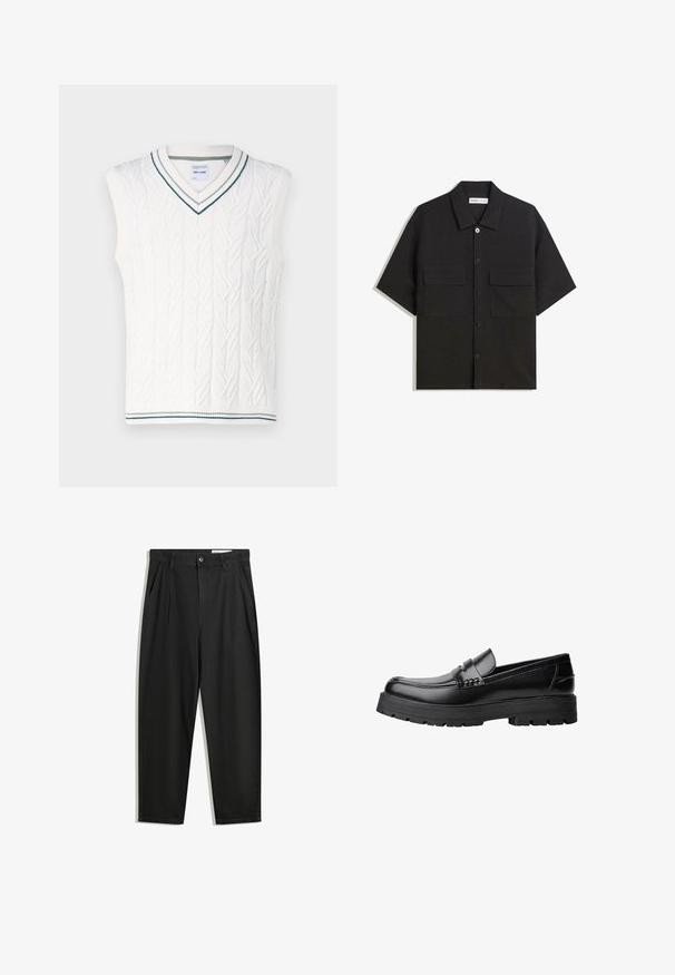 Only & Sons ONSCLAS LIFE VEST - Brezrokavnik - antique white; Črna kratkotrajna srajca iz tkanine z gladko teksturo, ima dve sprednji žepki, klasičen ovratnik in zapiranje na gumb.; Črne bombažne hlače s sproščenim krojem, ki vključujejo klasičen pas, sprednje gube in stranske žepke. Gladka tekstura brez vzorcev.; Črne usnjene loafersice s debelim profiliranim podplatom in dekorativnim pasom čez zgornji del, prikazane v levem stranskem profilu na beli podlagi.
