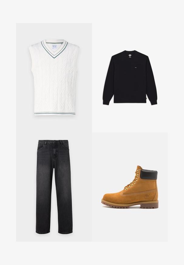 Only & Sons ONSCLAS LIFE VEST - Liivi - antique white; Mustapaita, jossa on pitkät hihat ja pyöreä kaula-aukko. Paita on valmistettu puuvillasta ja siinä on ribattu hihansuu, sekä pieni brändilogo rinnassa.; Tumma harmaat farkut suora lahjerakenteella, varustettuna vetoketjullisella haaroilla, viidellä taskulla ja hienovaraisilla haalistumis yksityiskohdilla kankaassa.; Valkoinen nahkainen nilkkuri mustalla pehmustetulla kauluksella, kultaisilla metallisilla rei'illä, valkoisella ompeluksella ja jykevällä kumipohjalla, jossa on selvästi näkyvät urat.