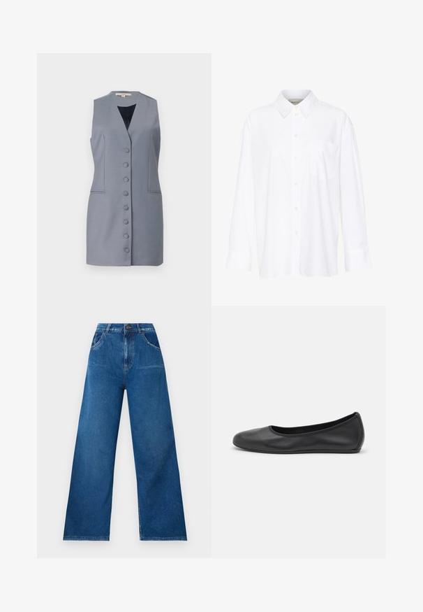 Bezgala piedurkņu pelēka kleita ar V-veida kakla izgriezumu, ar pogu priekšpusi, sānu kabatām un pieguļošu siluetu. Izgatavota no gludas auduma ar smalku tekstūru.; Baltais garo piedurkņu krekls ar apkakli, izgatavots no kokvilnas. Aprīkots ar pogu aizdari priekšā un vienu krūšu kabatu. Gluda tekstūra, brīvs piegriezums.; Lielās kāju džinsi tumši zilos denimos ar augsto jostasvietu, ar priekšējām un aizmugurējām kabatām, kā arī kontrastējošām dūriena detaļām.; Melna ādas baleta kurpe ar noapaļotu purngalu, gludu tekstūru, minimālu šuvju detalizāciju un elastīgu zoles dizainu.