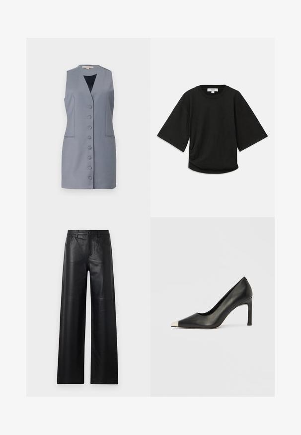 Vestido gris sin mangas con escote en V, que cuenta con un botón en el frente, bolsillos laterales y un ajuste entallado. Fabricado con una tela suave con una textura sutil.; Camiseta negra de manga corta hecha de algodón suave, con un escote redondo y un corte relajado, con un sutil detalle fruncido en el lateral.; Pantalones de cuero negro de pierna ancha con una textura suave, que cuentan con bolsillos frontales, cierre de botón y sutiles detalles de costura.; Zapato de tacón alto de cuero negro con punta en forma de pico y una tapa metálica plateada. Presenta un acabado suave y un tacón delgado de 10 cm.
