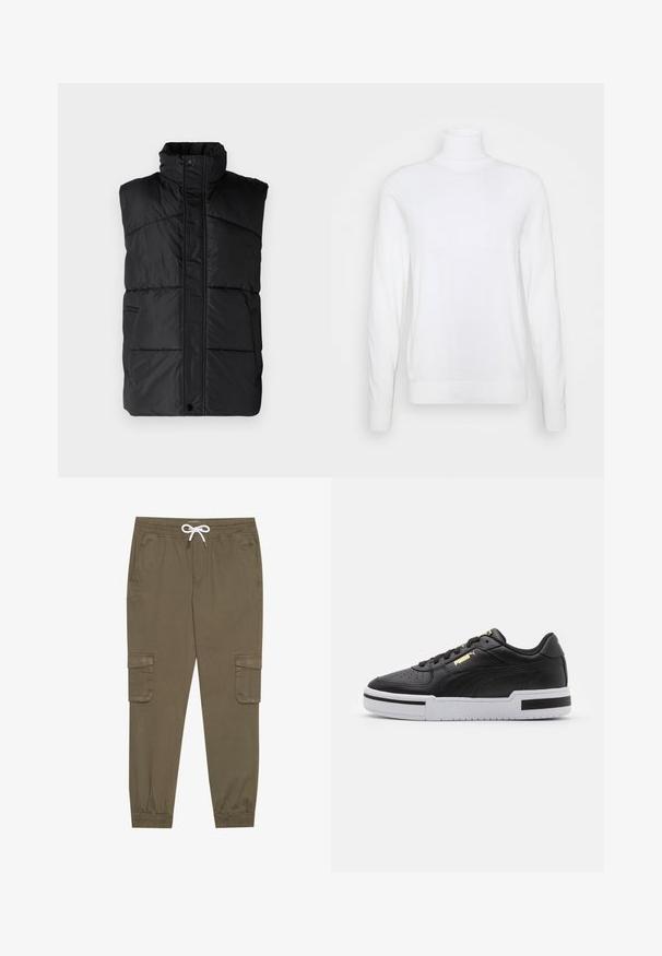 Only & Sons ONSJONAS VEST - Vesta - black; Biely rolák s dlhými rukávmi, vyrobený z hladkej tkaniny. Má priliehavý strih a rebrované manžety a lem. Bez vzorov a akcentov.; Khaki cargo nohavice s elastickým pásom a šnúrkou, pričom majú bočné vrecká a zúžené členky. Vyrobené z textúrovaného, ľahkého materiálu.; Čierne kožené tenisky s bielou medzipodrážkou, perforovanou špičkou, zlatým logom, polstrovaným golierom a kontrastnými čiernymi akcentmi na boku.