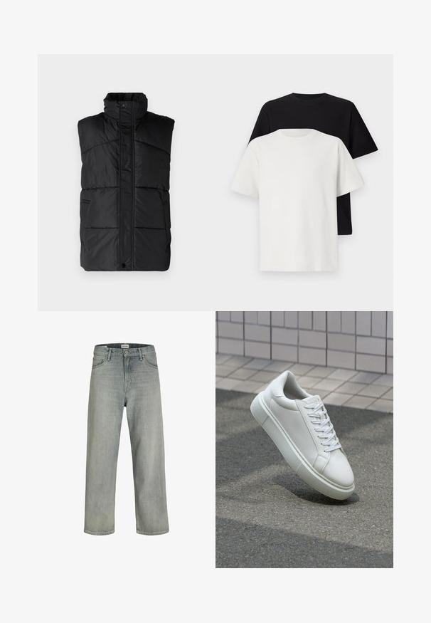 Only & Sons ONSJONAS VEST - Waistcoat - black; Cotton t-shirt set featuring a black top and a white top, both with short sleeves, round neckline, and standard fit. Textured fabric.; Light gray, loose-fitting jeans made of denim. Features a classic five-pocket design, belt loops, and a straight leg silhouette.; White leather sneaker with a smooth surface, round toe, and flat white laces. Features a textured rubber sole and minimal design elements.