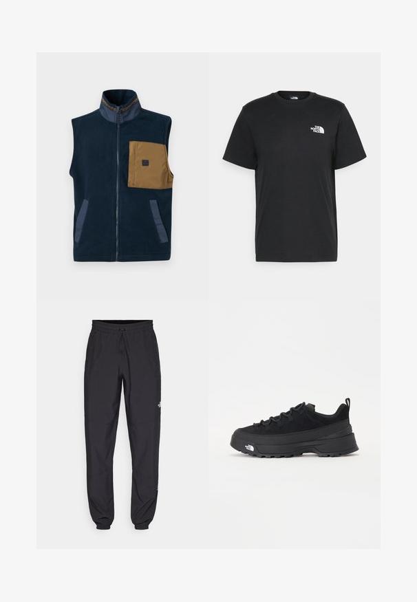 Marineblauer Fleece-Westen mit hohem Kragen, braunem Brusttasche und zwei Seitentaschen. Mit kontrastierenden blauen Akzenten und einem Frontreißverschluss.; Schwarzes Baumwoll-T-Shirt mit kurzen Ärmeln, Rundhalsausschnitt und einem kleinen weißen Logo auf der linken Brust. Schlichtes Design, glatte Textur und lockere Passform.; Schwarze Sporthosen aus leichtem Stoff, mit einem Kordelzugbund, seitlichen Taschen und schmal zulaufenden Bündchen an den Knöcheln.; Schwarzer Outdoorsneaker mit einem Obermaterial aus Wildleder, strukturierter Gummisohle und robustem Schnürsystem. Verfügt über eine verstärkte Ferse und das Markenlogo an der Seite.