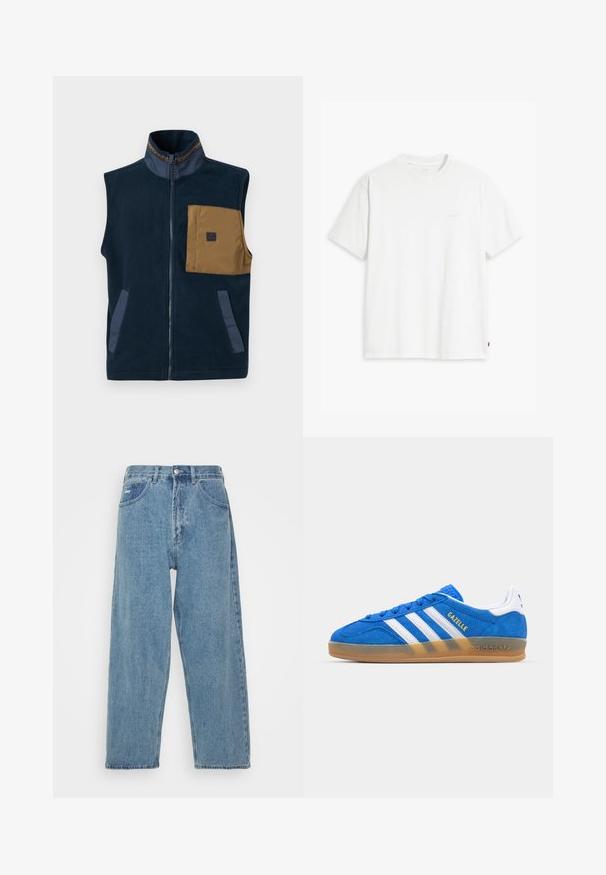 Námořnická fleecová vesta s vysokým límcem, hnědou náprsní kapsou a dvěma postranními kapsami. Má kontrastní modré detaily a přední zip.; Bílá bavlněná tričko s krátkými rukávy, klasickým výstřihem a decentním logem Levi's vytištěným uprostřed. Měkká textura a standardní střih.; Svetle modré džíny s vysokým pasem a uvolněným střihem, vybavené dvěma předními kapsami, jednou zadní kapsou a zapínáním na knoflík.; Modré semišové tenisky s bílými pruhy a textem "Gazelle". Mají gumovou podešev a texturované akcenty na svršku. Klasický design.