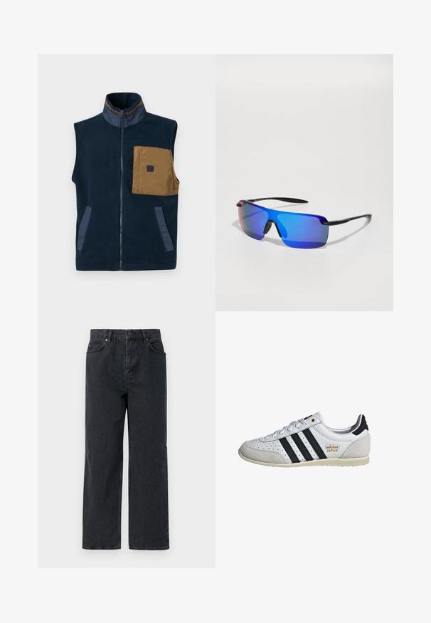 Marineblauer Fleece-Westen mit hohem Kragen, braunem Brusttasche und zwei Seitentaschen. Mit kontrastierenden blauen Akzenten und einem Frontreißverschluss.; Weißes Baumwoll-T-Shirt mit kurzen Ärmeln, Rundhalsausschnitt und einer linken Brusttasche, die ein blaues "Patagonia"-Logo aufweist. Klassische Passform mit glatter Textur.; Dunkelblaue Denim-Hosen mit weitem Bein, Fünf-Taschen-Design und Knopfverschluss. Enthält Hardware in kupferfarbener Ausführung und eine subtile Textur.; Weiße Sneaker mit schwarzen Streifen und goldener Markenkennzeichnung. Verfügt über Materialien aus Wildleder und Leder, ein durchlässiges Obermaterial und eine strukturierte Gummisohle.; Sport-Sonnenbrille mit einem schwarzen Rahmen, blauen Spiegelgläsern, kantiger Form und Gummi-Nasenpolstern für besseren Halt. Die Gläser haben einen Verlaufstönung.