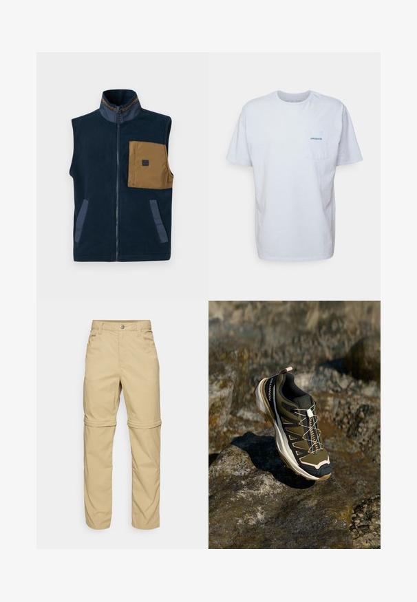 Marineblauer Fleece-Westen mit hohem Kragen, braunem Brusttasche und zwei Seitentaschen. Mit kontrastierenden blauen Akzenten und einem Frontreißverschluss.; Weißes Baumwoll-T-Shirt mit kurzen Ärmeln, Rundhalsausschnitt und einer linken Brusttasche, die ein blaues "Patagonia"-Logo aufweist. Klassische Passform mit glatter Textur.; Beige Zip-off-Hosen mit glatter Textur, ausgestattet mit zwei Seitentaschen, einer Knopfverschluss und hochrollbaren Säumen für Vielseitigkeit.; Wanderschuh in Olivgrün und Schwarz mit pinken Akzenten. Verfügt über ein strukturiertes Obermaterial, eine flexible Sohle, eine verstärkte Zehenkappe und ein farbenfrohes Schnürsystem.