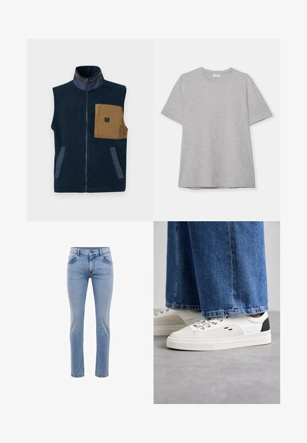 Marineblauer Fleece-Westen mit hohem Kragen, braunem Brusttasche und zwei Seitentaschen. Mit kontrastierenden blauen Akzenten und einem Frontreißverschluss.; Graues T-Shirt mit kurzen Ärmeln aus weichem, strukturiertem Stoff. Verfügt über einen klassischen Rundhalsausschnitt und einen geraden Saum, geeignet für legere Trageanlässe.; Hellblaue, slim-fit Jeans aus Denim mit fünf Taschen und geradem Bein. Mit Reißverschluss und Gürtelschlaufen ausgestattet. Weicher Stoff.; Weiße und schwarze Sneaker mit einem Obermaterial aus glattem Leder, strukturierten Akzenten und einer massiven weißen Sohle. Verfügt über ein klassisches Schnürdesign.