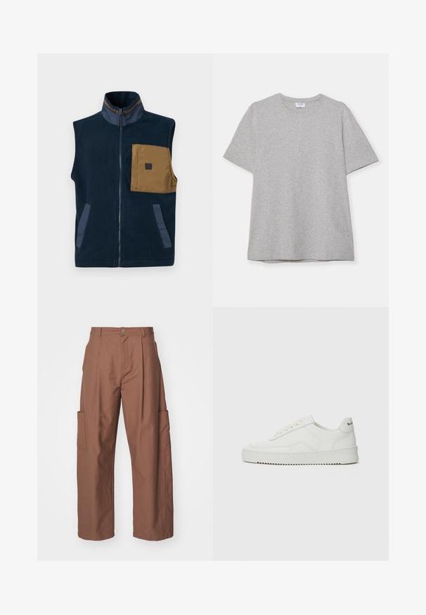 Merinovillatakki tummansinisellä värillä, jossa on korkea kaulus, ruskea rintatasku ja kaksi sivutaskua. Varustettu kontrastiväreinä sinisillä yksityiskohdilla ja etuvetoketjulla.; Harmaa lyhythihainen T-paita, joka on valmistettu pehmeästä ja teksturoidusta kankaasta. Varustettu klassisella pyöreällä pääntiellä ja suoraselkäisellä helman kanssa, sopii rentoon pukeutumiseen.; Han Kjøbenhavn TROUSERS - Housut - brown; Valkoinen nahkakenkä, jossa on sileä pinta, pyöreä kärki, tasaiset nauhat ja teksturoitu pohja. Sisältää huomaamattoman logon kantapäässä.