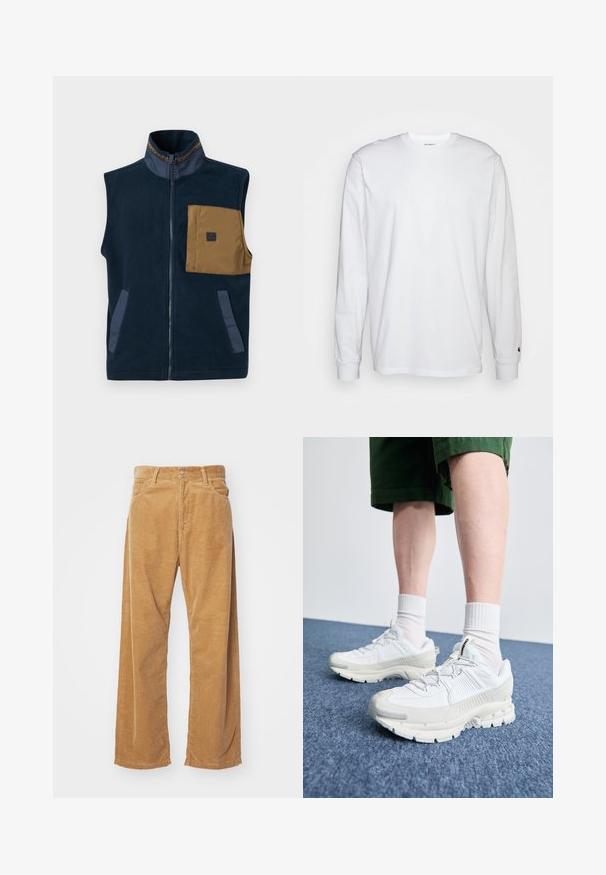 Sötétkék bolyhos mellény magas gallérral, barna mellzsebbe és két oldalsó zsebbe. Kontrasztos kék díszítésekkel és elöl cipzárral rendelkezik.; Fehér, hosszú ujjú, pamut póló. Kerek nyakú kialakítás, bordázott mandzsetták és egy kis logó a bal ujján. Simaság jellemzi.; Bézs színű corduroy, bő szárú nadrág. Jellemzője a texturált, függőleges bordázás, valamint a hagyományos derékpánt és két elülső zseb.; Fehér sportcipők texturált burkolattal, vastag talppal és szürke részletekkel. Fehér sportzoknival és zöld rövidnadrággal viselve, kék felületen.
