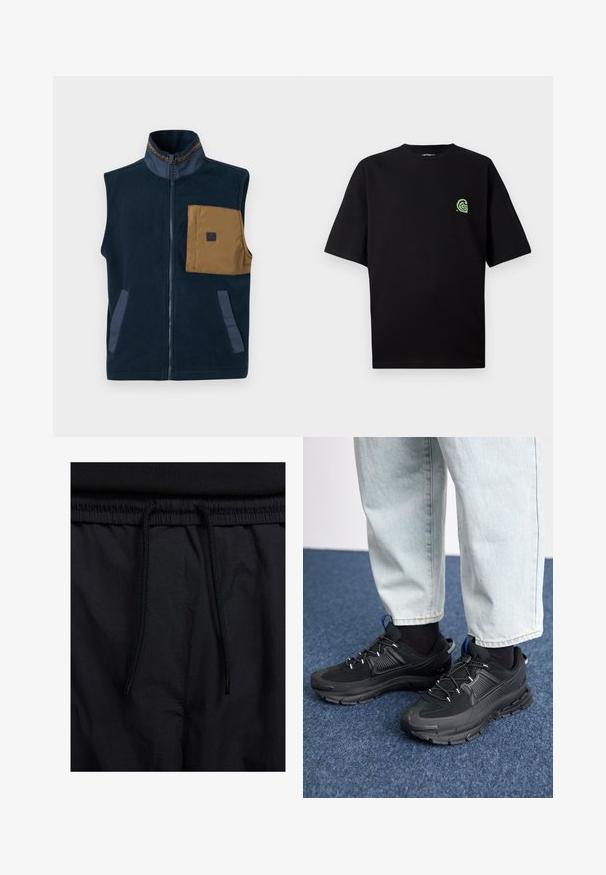 Mornarska flis prsluk s visokim ovratnikom, smešnim prsnom džepom i dva bočna džepa. Ima kontrastne plave detalje i prednji patent zatvarač.; Crna kratka majica s kratkim rukavima od pamuka, s zelenim logotipom na lijevoj strani prsnog koša. Okrugli izrez, udoban kroj i glatka tekstura.; Crne kratke hlače s pojasom na vezanje, lagani materijal s glatkom teksturom i jednostavan dizajn bez vidljivih logotipa ili uzoraka.; Crne atletske cipele s teksturiranom tkaninom i gumene potplate, s elastičnim vezicama i plavim akcentom na peti. Nosene su s svijetlim trapericama.