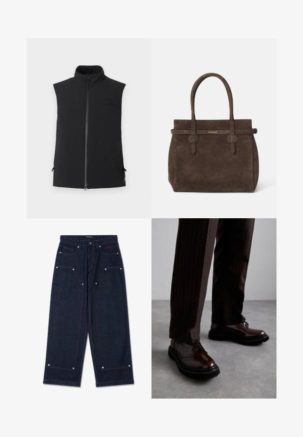 Chaleco negro sin mangas con cuello alto y cremallera frontal, fabricado con tejido suave, presentado sobre un fondo blanco liso.; Camiseta sin mangas de algodón blanca con escote redondo, que presenta una textura suave y una forma ajustada, diseñada para el uso casual.; Pantalones de mezclilla oscuros de pierna ancha con dos bolsillos frontales, detalles de herrajes plateados y costuras rojas en contraste. Presenta un cierre de botón y el logo de la marca.; Zapatos de cuero marrón con cordones y un acabado brillante, suela de goma negra y costuras sutiles. Llevados con pantalones marrón de rayas.; Bolsa tote de ante marrón oscuro con dos asas y una correa horizontal que presenta una pequeña placa de logo dorado de DSQUARED2.