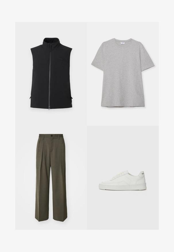 Svart ermeløs vest med høy krage og glidelås foran, laget av glatt stoff, vist mot en ensfarget hvit bakgrunn.; Grå kortermet T-skjorte laget av myk, teksturert stoff. Har en klassisk rund hals og en rett kant, passende for uformell bruk.; Filippa K WIDE TROUSERS - Bukse - driftwood; Hvite lærersneakers med en jevn overflate, rund tå, flate lisser og en teksturert såle. Har en subtil logo på hælen.