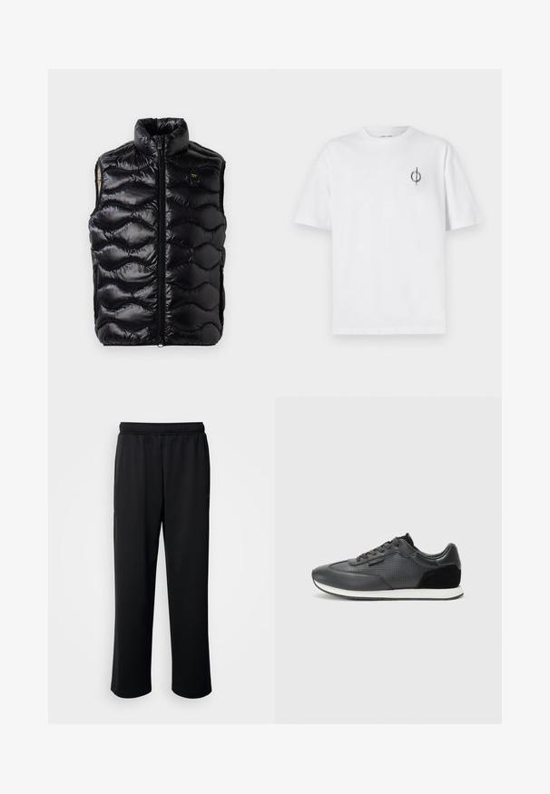 Čierny puffový vest s vysokým golierom, zipsovým zapínaním a textúrovaným prešívaným vzorom. Obsahuje malé logo na hrudi a bezrukávový dizajn.; Biela bavlnená tričko s voľným strihom, s malým čiernym grafickým logom na ľavej strane hrudníka. Krátke rukávy, okrúhly výstrih.; Čierne športové nohavice vyrobené z mäkkého, priedušného materiálu. Majú elastický pás a rovné nohy bez výrazných akcentov alebo vzorov.; Čierne športové tenisky s koženým zvrškom a perforovanými detailmi, zamšovými akcentmi a bielou gumovou podrážkou. Klasický dizajn na šnurovanie.