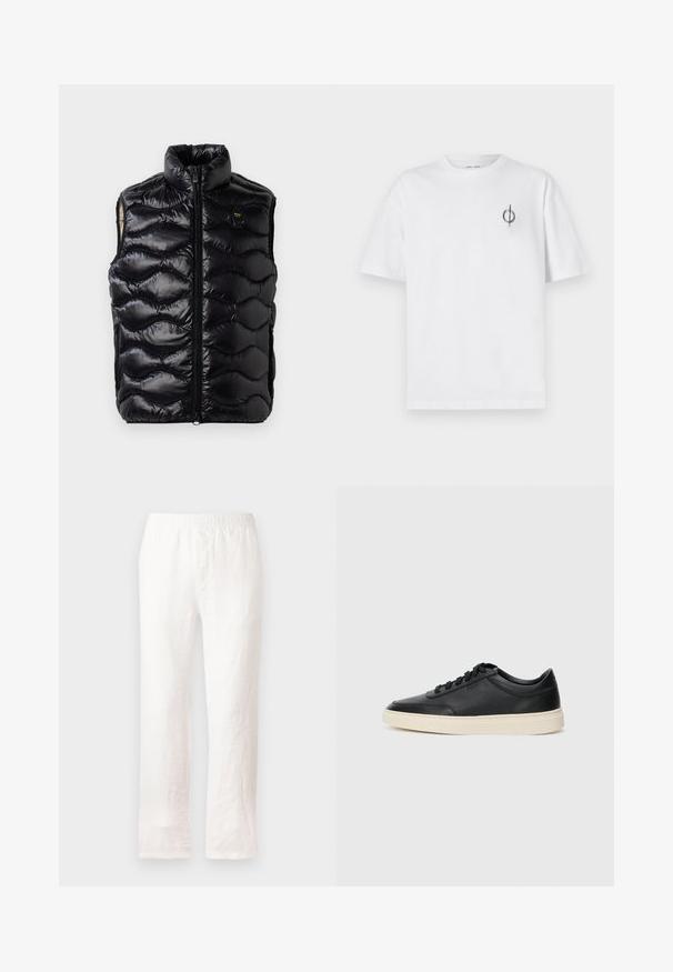 Čierny puffový vest s vysokým golierom, zipsovým zapínaním a textúrovaným prešívaným vzorom. Obsahuje malé logo na hrudi a bezrukávový dizajn.; Biela bavlnená tričko s voľným strihom, s malým čiernym grafickým logom na ľavej strane hrudníka. Krátke rukávy, okrúhly výstrih.; Biele ľanové nohavice s elastickým pásom, rovný strih a mierne textúrovaná látka. Bez vzorov alebo ďalších detailov.; Čierne nízkoprevádzkové kožené tenisky s čiernymi šnúrkami a krémovou podrážkou zobrazené v bočnom profile na bielom pozadí.